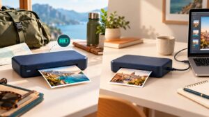 Battery-powered portable printer compared with a printer connected to a laptop by USB