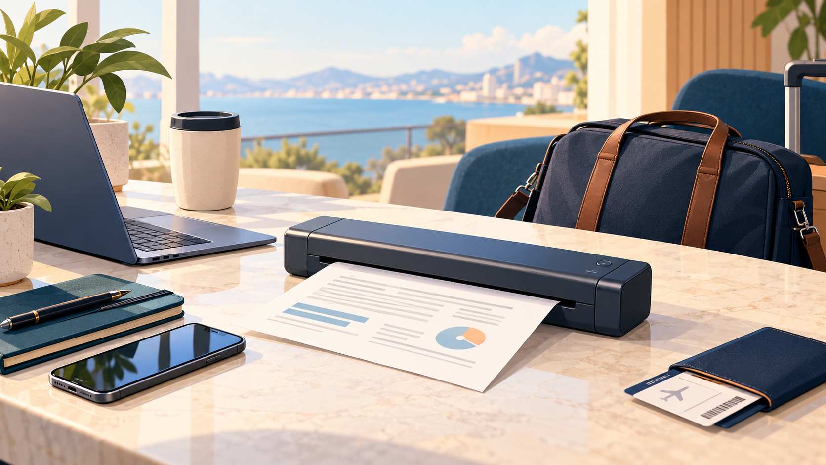Portable document printer on a travel workspace with laptop, phone and carry bag