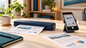 Portable printer beside a smartphone used to scan a paper document
