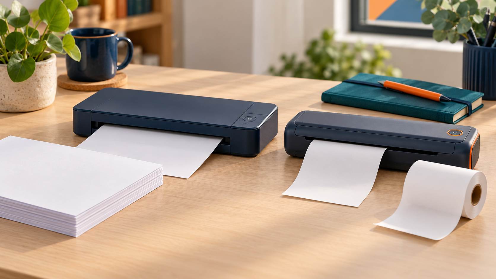 Two portable printers: plain paper sheets on the left and a white thermal paper roll on the right